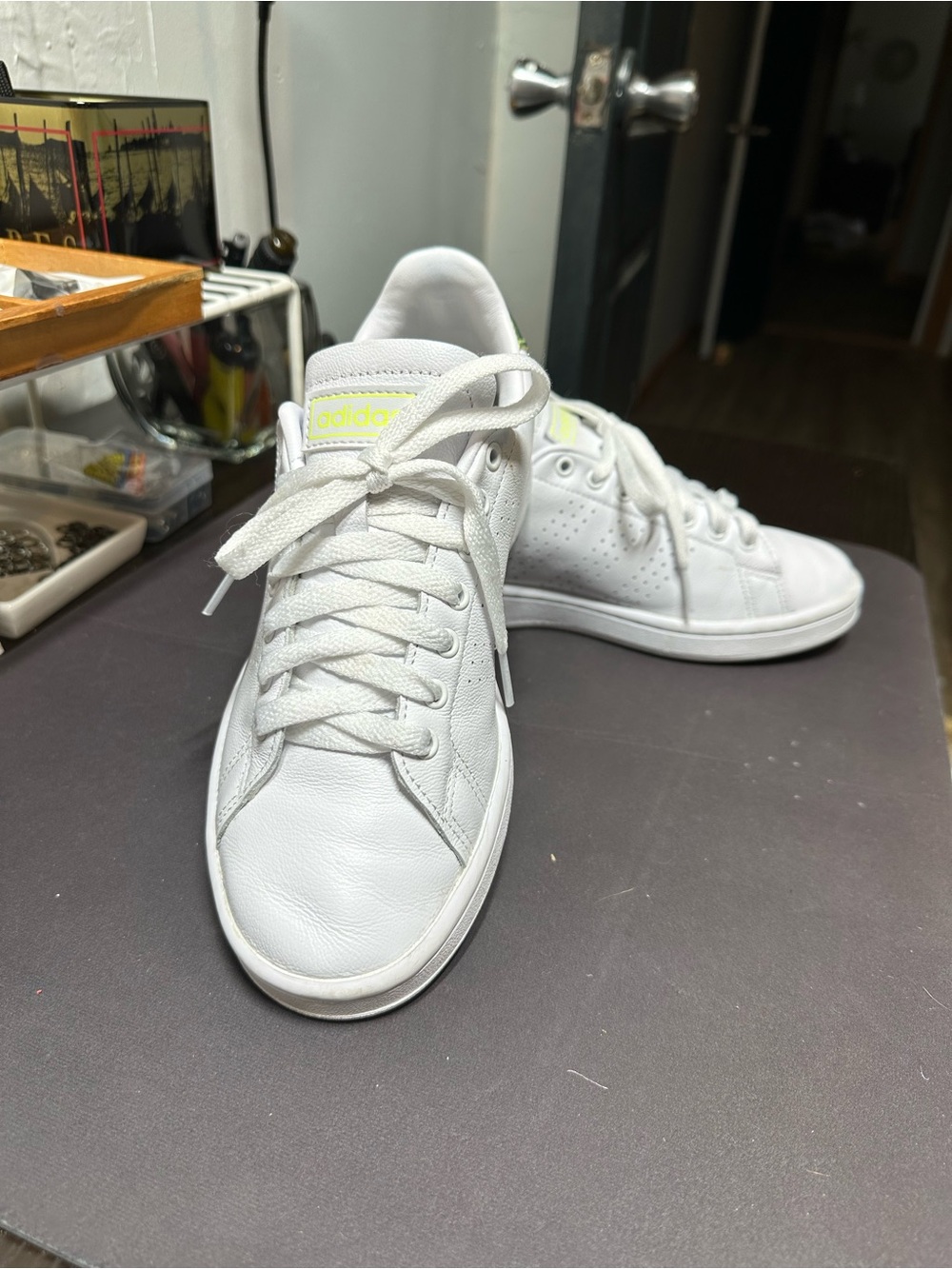adidas White Leather Low-Top Sneakers with Yellow Logo Accent